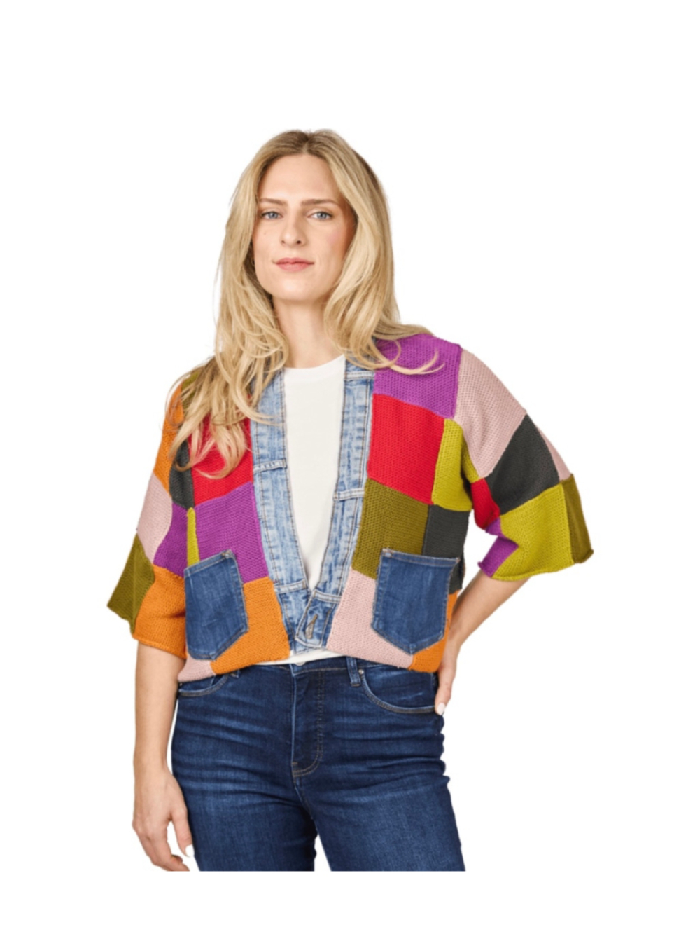 Shannon Passero Positano Colorblock Knit Jeans Womens Cardigan Sweater One Size